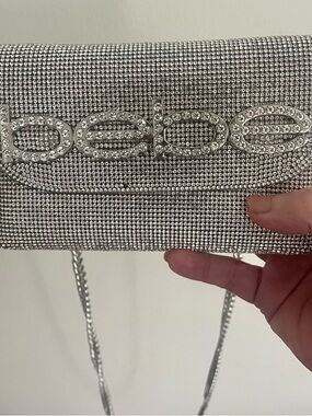 bebe Silver Crystal Logo-Embellished Crossbody Clutch; club, dancing, wedding!